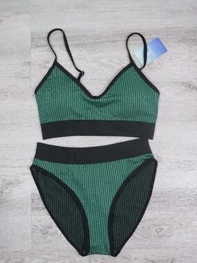 Cupshe Women’s Bikini Set Size M Green Black Ribbed High Waist 2 Piece NWT